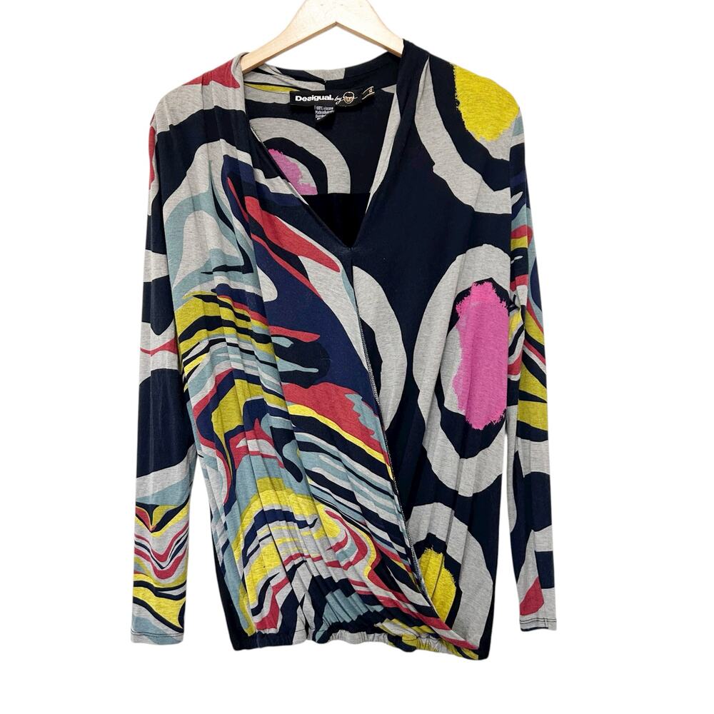 Desigual Printed Long Sleeve Surplice Shirt Sz XL